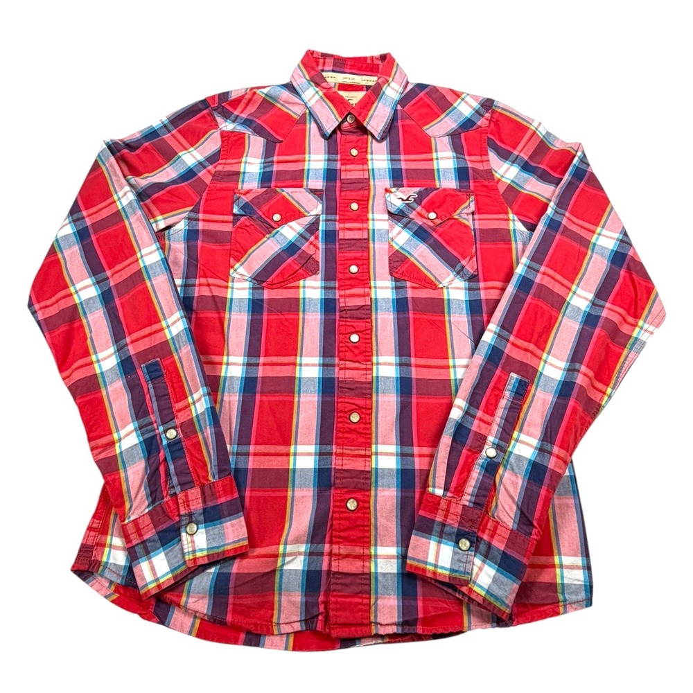 Hollister Button Down Mens L Red Plaid Surfer Cut Western Pearl Snap